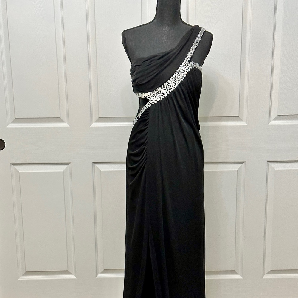 Size 9/10 NEW black rhinestone one shoulder long chiffon dress with beaded bust